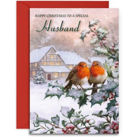 Husband Christmas Card - Two Robins - Medium Sized Card (A5 Size -148mm x 210mm) with Envelope