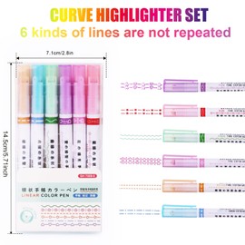 KINBOM 6pcs Curve Highlighter Pens, Colored Curve Shapes Fine Tips Pens with Different Curve Shapes for Students Kids Teens Adults Writing Drawing Journaling (6 Styles)