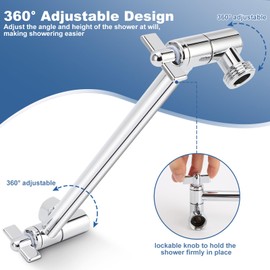 Gugxiom Shower Head Extension, 25 cm Adjustable Shower Arm, Tool-Free Assembly, Chrome Plated, Shower Extension Arm for Any Shower Angle, G1/2 Universal Connection (Silver)