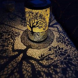 OMRAYTU Hanging Solar Lights Outdoor - Solar Table Lanterns Outdoor Waterproof - LED Lamp Black Tree Metal Solar Patio Table Lamps Decorative for Garden, Backyard, Tree, Porch, Wall, Fence