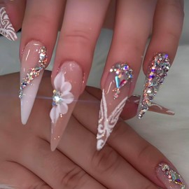 RUOKEXIN Long Press on Nails Stiletto Shaped Fake Nails Handmade False Nails with Rhinestones Designs White Ombre Glue on Nails Glitter Artificial Nails Luxury Stick on Nails for Women 24Pcs