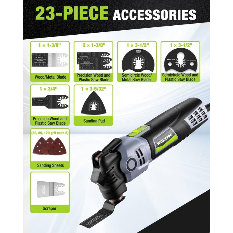 WORKPRO 400W Oscillating Multi-Tool, 6-Speed Corded Power Saw with LED
