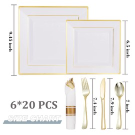 20 Guests Square Plastic Plates and Disposable Silverware w/Per Rolled Napkins,Home Partie Plastic Dinnerware incl Dinner Plates,Dessert Plates,Linen Like Napkin,Plastic Cutlery，120Pieces