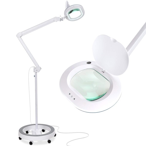 Brightech LightView Pro Magnifying Glass with Stand and Light – Magnifying Floor Lamp with 6-Wheels on a Sturdy Base for Facials – LED Work Light with XL Magnifying Glass for Crafts and Projects