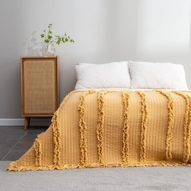 Ultra Soft Quilted Throw Blanket with Ruffle Fringe Pre-Washed, Boho Decor in Stone Washed Yellow, Rustic Chic Blanket for Sofa, Couch, Bed, or Chair,90"x 90"
