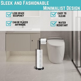 HOMEZI Toilet Roll Holder Free Standing with HEAVY BASE, Premium Toilet Roll Stand, Stainless Steel loo roll holder for Bathroom 2 in 1 Holder and Storage for 5 Rolls - Black