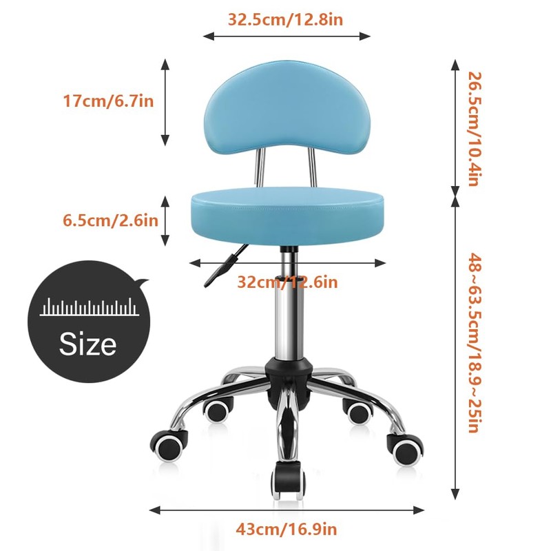 KKTONER Rolling Stool with Mid Back Height Adjustable Chair PU