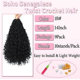 9 Packs Senegalese Twist Crochet Hair 14 Inch Pre-Looped Island Twist Boho Crochet Braids Hair Extensions with Curls Synthetic Crochet Hair Extensions for Black Women (1B, 14 Inch 9 Packs)