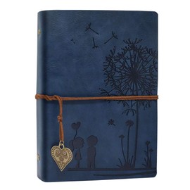 A5 Notebook Refillable, Vintage PU Leather Notebook Travel Journal Diary Acid-Free Paper Classic Embossed Romantic Dandelion Retro Pendants, Gifts for Women/Men, blue