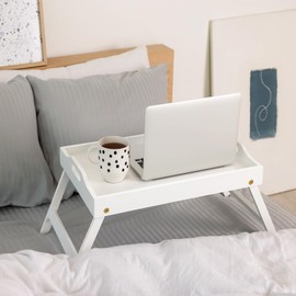 Breakfast Bed Tray for Eating - Foldable Food Laptop Table - Portable Bamboo Raised Serving Tray - Snack Platter with Folding Legs, Eating for Bedroom, Picnic, Sofa - White
