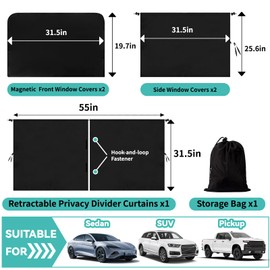 6 Pcs Double Layer Thickened Car Curtains Set, 98% Light Blocking Car Window Shades Covers, Include 4 Side Window Covers, 1 Divider Curtain, Sedan SUV Accessories for Camping Sleeping