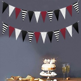 Graduation Decorations Maroon Black/Burgundy Black Graduation Party Decorations 2025/Maroon Birthday Party Decorations/Burgundy Silver Black White Striped Banners 2pcs for Maroon Bridal Shower/Wedding