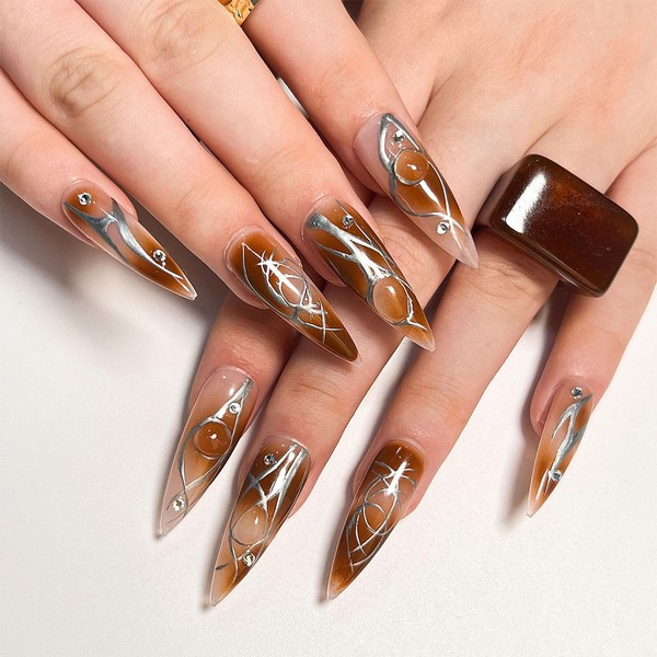 Long Stiletto False Nails Brown Ombre Stick On Silver Line Press On Rhinestone Removable Nails Full Cover False Nails Set Women