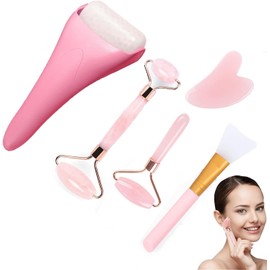 Rodillo de Masaje para Facial Antienvejecimiento, con Tablero Gua Sha, Rodillo de hielo,Herramientas Faciales, Cepillo de Mascarilla de Silicona Perfecto para Belleza de Cuello y Cara, 5 EN 1, Rosado