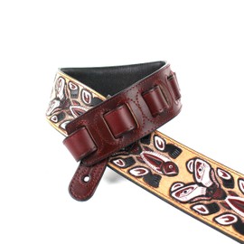 Walker And Williams LHR-24 Handmade Blood Red Premium Carved Leather Guitar Strap With Grizzly Bear Totem Carving For Acoustic, Electric, And Bass Guitars, Red and Tan, Regular