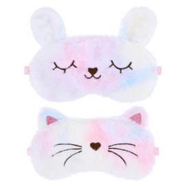 YUXIANLB Plush Sleep Eye Mask for Kids, Cute Rainbow Sleeping Eye Cover Cat Bunny Blindfold Sleep Masks for Kids, Sleeping Eye Shade Soft Funny Sleepover Stuff for Girls Kids Adult Travel Nap (2 Pack)