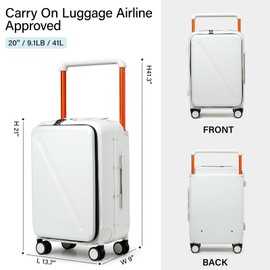 MILADA Luggage Hard Shell Suitcases Airline Approved Carry On Luggage 22x14x9 TSA Approved Luggage 20 Inch Front Opening Pocket Suitcase with Wheels Travel Luggage Wide Handle, White