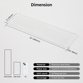 Diflart Glass Subway Tiles, White, 3x12 Inch, Glass Backsplash Tile for Shower Kitchen Bathroom Wall, Pack-16