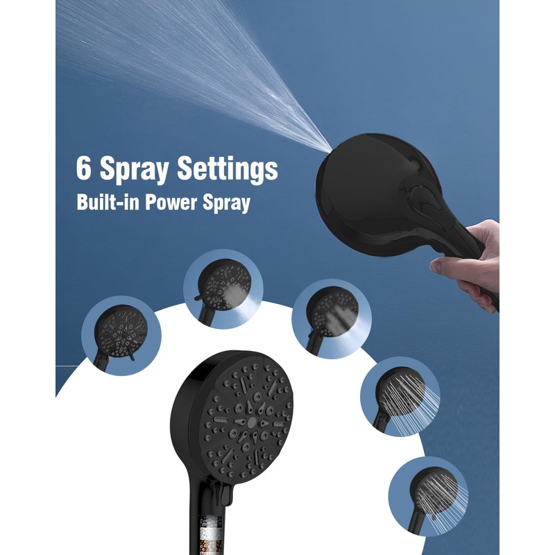 Filtered Shower Head with Handheld Matte Black, BOWGER 6 Modes