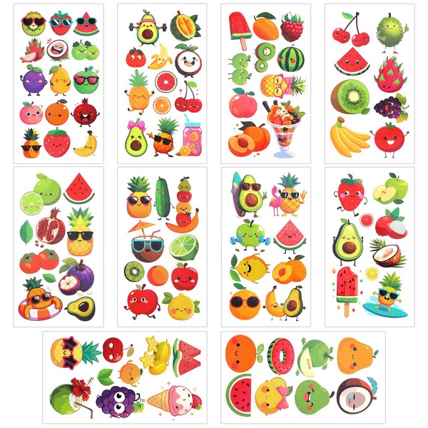 HJZHII 96PCS Summer Fruit Temporary Tattoos, 10 Sheets Cartoon Fruit