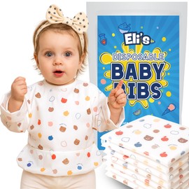 Eli with Love Disposable Bibs Individually Wrapped, Long Sleeve Bib with Crumb Catcher - Waterproof Baby Bibs For Toddlers 1-3 (10 pack) (Sleepy Bear)