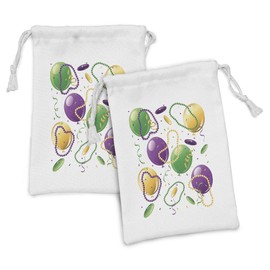 Lunarable Mardi Gras Fabric Pouch Set of 2, Party with Fat Tuesday Beads and Balloons Graphic, Small Drawstring Bag for Toiletries Masks and Favors, 9" x 6", Mustard Lime Green