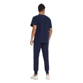 COZYFIT Men Scrubs Set — Stretch V-Neck Scrub Top & Jogger Pant with 8 Pockets, Yoga Waistband, Anti-Wrinkle - Navy Blue, 2XL