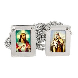 Scapulars Catholic I Sacred Heart of Jesus & Our Lady of Mount Carmel Medals I Stainless Steel Scapular Necklace for Women & Men - 13 Inch I Catholic Religious Necklace (Large Colored)