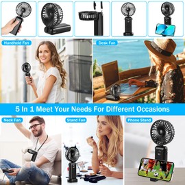 Handventilator Akku Mini Ventilator USB 5 in 1, Hand Ventilatoren Tragbarer Ventilator Klein Leise 3 Geschwindigkeit, Taschenventilator Faltbarer Ventilator Lüfter für Büro Camping Unterwegs, Schwarz