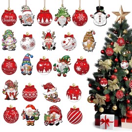24 PCS Christmas Gnome Wooden Hanging Ornaments- Diverse Styles Including Santa, Snowman, Reindeer, Stocking, & More - Vibrant Colors, Easy Hanging, Perfect for Christmas Tree Decorations
