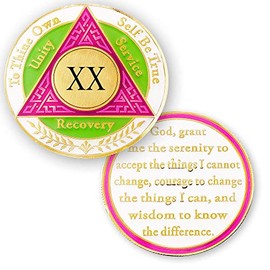 20 Year AA Medallions Sobriety Coin - Alcoholics Anonymous Chips - Twenty Year Coins - Pink Green White Token