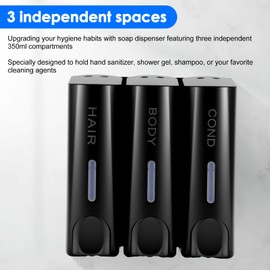 Viitech 3-Chamber Wall Mounted Soap Dispenser (350ml x3), Black ABS Shampoo and Conditioner Dispenser with Clear Windows, Shower Gel Dispenser for Bathroom Kitchen