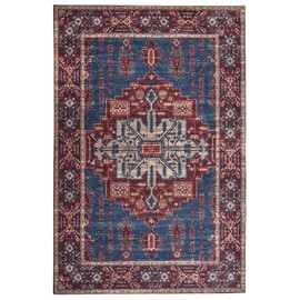nusoarug Machine Washable Area Rugs, Vintage 5 * 7 Non Slip Area Rugs for Living Room with TPR Rubber Backing, Boho Area Rug Carpet Runner for Bedroom Dining Room Indoor, Red Medallion- Faux Wool