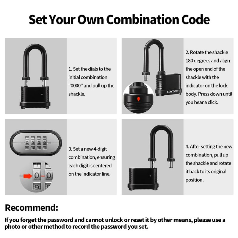 CINCINNO Weatherproof 4 Digit Combination Lock, Heavy Duty Combo Lock