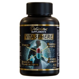 Delicious Supplements Vitasphere, Vitaminkapseln, Mineralien & Ergänzungsmittel hochdosiert 120g, 100 Kapseln, Multivitamin und Superfoods, mit Vitamin C, B12, D3 und E - Made in Germany