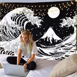 Cestbin Japanese Ocean Wave Tapestry,Kanagawa The Great Wave Tapestry with Moon Tapestries,Large Sun Black and White Tapestry for Living Room Bedroom Dorm (Great Wave, 59.1" x 78.8")