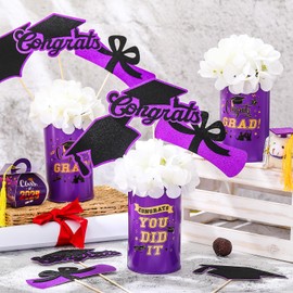 Domensi 3 Sets Graduation Table Centerpiece Decorations Class of 2025 Includes 3 Silk Artificial Flower 9 Congrats Grad Sticks Picks Toppers 3 Metal Vases for Home Party Supplies Gifts(Purple)