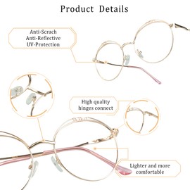 LifeArt Blue Light Blocking Glasses, Anti Eyestrain, Computer Reading Glasses, Gaming Glasses, TV Glasses for Women Men, Stylish Unisex Alloy Round Frame (Rose Gold, 0.25 Magnification)