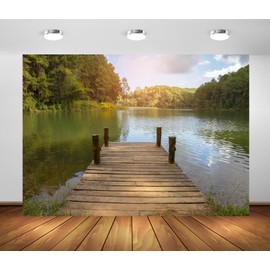 CORFOTO 7x5ft Wooden Dock Beside Lake Photo Backdrop Wooden Bridge Lake Scenery Photography Background Autumn Forest Landscape Backdrop Nature Travel Theme Portrait Photo Booth