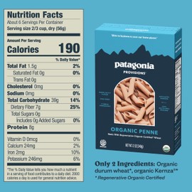 Patagonia Provisions Organic Penne Pasta | Regenerative Organic Certified® | Non-GMO | High Fiber & 8g of Protein | (6 Pack)