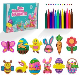 Muyiz 12 Easter Wooden Magnet Creativity Arts & Crafts Painting Kit for Kids Easter Basket Stuffers Gifts Toys Party Favors
