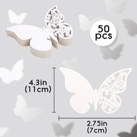 BUNCHBRAVO - Tarjetas de identificación de copa de vino con mariposa, 50 etiquetas de papel perlado cortadas con láser para decoración de mesa de boda, fiesta, color blanco