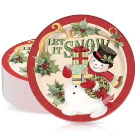 JarThenaAMCS 40Pcs Christmas Paper Plates Red Vintage Winter Snowman Disposable Plates 9 Inch Party Dinner Plates for Xmas Holiday Party Supplies