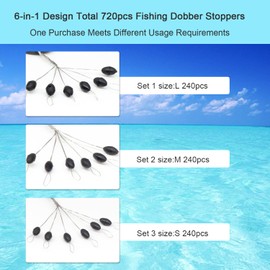 LadFath 720pcs Fishing Rubber Bobber Stoppers, 6 in 1 Bobber Stops, Black Oval Floats Sinker Stops, L M S Size Kit
