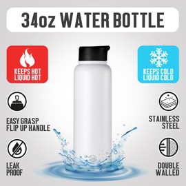 34oz Insulated Double Walled Stainless Steel Water Bottle Tumbler with Sports Straw and Handle! | Great for Sports, Camping, Yoga, School, Work and More! | Perfect for Kids and Adults (Royal Blue)