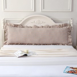 Silnuo Taupe/White Plaid Ruffled Body Pillow Cover Washed Cotton Farmhouse Checkered Gingham 1 Piece Pillowcase for Living Room 20"x54"