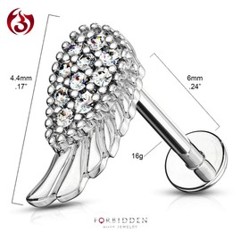 Forbidden Body Jewelry 16g 6-8mm Internally Threaded Surgical Steel Cartilage/Tragus/Labret/Monroe Stud w/CZ Angel Wing Top, Metal, cubic-zirconia,