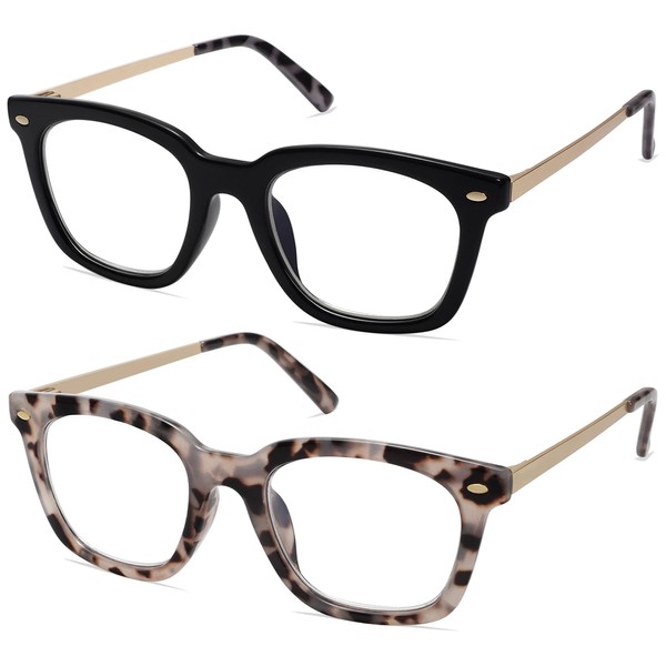 AMOMOMA 2 Pack Retro Square Blue Light Blocking Reading Glasses