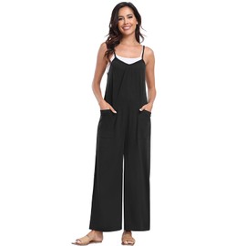 PrinStory Womens Summer Casual Sleeveless Jumpsuits Spaghetti Strap Stretchy Cute Romper Loose Long Pant Overalls with Pockets 2024 Trendy Black M