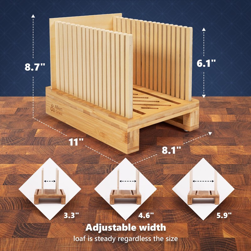 Albert&Grace Bamboo Bread Slicer for Homemade Bread – Adjustable Width